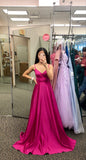 Elegant A Line Hot Pink Spaghetti Straps Satin Long Prom Dresses Formal Dress HZ1024