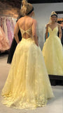 Pretty Pastel Yellow A Line Spagehtti Straps Tulle Lace With Pocket Long Prom Dresses Formal Dress HZ1024
