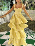 Yellow Sweetheart Sleeveless Ruffle Floor Length Prom Dress Birthday Outfits HZ1024