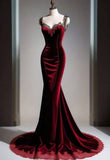 Sexy Mermaid Sweetheart Burgundy Velvet Lace Long Prom Dresses Formal Dress HZ1024