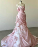 Ombre Mermaid Off The Shoulder Pleated Satin Applique Long Prom Dresses Formal Dress HZ1024