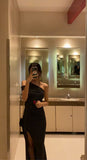 Modest Mermaid Black One Shoulder Satin Slit Long Prom Dresses Formal Dress HZ1024