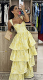 Yellow Sweetheart Sleeveless Ruffle Floor Length Prom Dress Birthday Outfits HZ1024