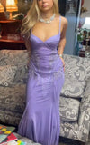 Sexy Mermaid Spaghetti Straps Lilac Satin Applique Long Prom Dresses Formal Dress HZ1024