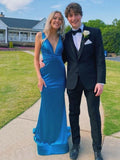 Charming Mermaid V Neck Satin Pleated Long Prom Dresses Formal Dress HZ1024