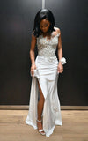 Gorgeous Mermaid Strapless Satin Beads Pleated Slit Long Prom Dresses Formal Dress HZ1024