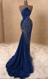 Sparkles Mermaid Halter Satin Beads Long Prom Dresses Formal Dress HZ1024