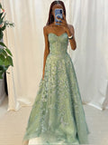 Shiny A Line Strapless Tulle Applique Long Prom Dresses Formal Dress HZ1024