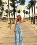 Unique A Line Strapless Printed Satin Slit Long Prom Dresses Formal Dress HZ1024