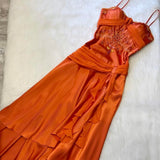 Gorgeous A Line Spaghetti Straps Satin Chiffon Ruffle Beads Long Prom Dresses Formal Dress HZ1024