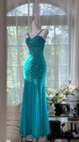 Sexy Glitter Mermaid Spaghetti Straps Chiffon Beads Long Prom Dresses Formal Dress HZ1024