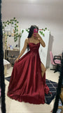 Elegant Burgundy A Line Spaghetti Straps Satin Slit Long Prom Dresses Formal Dress HZ1024