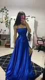 Classy Royal Blue A Line Spaghetti Straps Satin Slit Long Prom Dresses Formal Dress HZ1024
