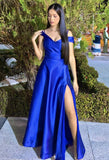 Chic Royal Blue A Line Off The Shoulder Satin Slit Long Prom Dresses Formal Dress HZ1024