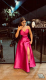 Hot Pink A Line Strapless Satin Slit Long Prom Dresses Formal Dress HZ1024