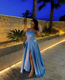 Pretty A Line Strapless Satin Slit Long Prom Dresses Formal Dress HZ1024