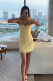 Shiny A Line Spaghetti Straps Pastel Yellow Sequin Short Homecoming Dress 18th Birthday Outfits HZ1024