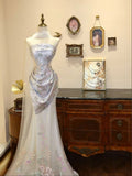 Aesthetic Mermaid Strapless Satin Tulle Applique Long Prom Dresses Formal Dress HZ1024