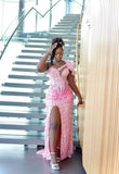 Gorgeous Mermaid One Shoulder Pink Satin Sequin Beads Slit Long Prom Dress,Formal Dress HZ1024