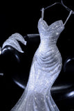 Sparkly Mermaid Spaghetti Straps Tulle Pleated Sequin Long Prom Dress,Formal Dress HZ1024