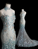 Style Classy Chinese Neck Mermaid Tulle Sequin Applique Long Prom Dress,Formal Dress HZ1024