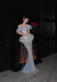 Romantic Mermaid Off The Shoulder Tulle Sequin Tassel Long Prom Dress,Formal Dress HZ1024