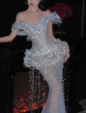 Romantic Mermaid Off The Shoulder Tulle Sequin Tassel Long Prom Dress,Formal Dress HZ1024