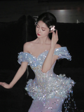 Romantic Mermaid Off The Shoulder Tulle Sequin Tassel Long Prom Dress,Formal Dress HZ1024