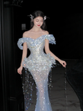 Romantic Mermaid Off The Shoulder Tulle Sequin Tassel Long Prom Dress,Formal Dress HZ1024