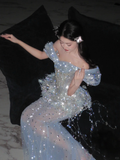 Romantic Mermaid Off The Shoulder Tulle Sequin Tassel Long Prom Dress,Formal Dress HZ1024