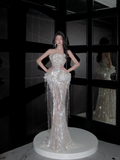 Luxurious Mermaid Strapless Tulle Sequin Tassel Long Prom Dress,Formal Dress HZ1024