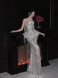 Luxurious Mermaid Strapless Tulle Sequin Tassel Long Prom Dress,Formal Dress HZ1024