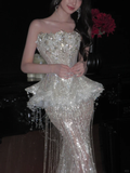 Luxurious Mermaid Strapless Tulle Sequin Tassel Long Prom Dress,Formal Dress HZ1024