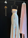 Modest Mermaid Spaghetti Straps Satin Embroidery Long Prom Dress,Formal Dress HZ1024