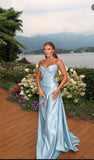 Pale Blue A Line Straples Satin Applique Long Prom Dress,Formal Dress HZ1024