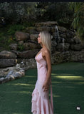 Charming Mermaid Pink Spaghetti Straps Satin Long Prom Dress,Formal Dress HZ1024