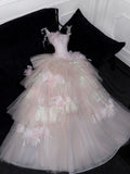 Sweet Ball Gown Spaghetti Straps Pink Tulle Applique Long Prom Dress,Formal Dress HZ1024