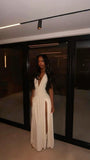 Sexy A Line V Neck Satin Slit Long Prom Dress,Formal Dress HZ1024