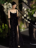 Sexy Mermaid Spaghetti Straps Black Prom Dresses HZ1024