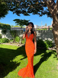 Orange Mermaid Spaghetti Straps Satin Lace Long Prom Dress,Formal Dress HZ1024