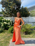 Pastel Orange Mermaid Sweetheart Satin Pleated Slit Long Prom Dress,Formal Dress HZ1024
