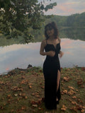 Chic Mermaid Spaghetti Straps Black Satin Slit Long Prom Dress,Formal Dress HZ1024