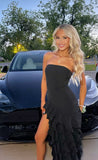 Chic Black A Line Strapless Satin Hem Layer Ruffle Slit Long Prom Dress,Formal Dress HZ1024