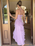 Unique Lilac A Line Halter Pleated Satin Long Prom Dress,Formal Dress HZ1024