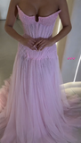 Shiny Pink Strapless A Line Tulle Beads Long Prom Dress,Formal Dress HZ1024