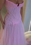 Shiny Pink Strapless A Line Tulle Beads Long Prom Dress,Formal Dress HZ1024