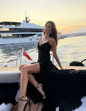 Sexy A Line Black Spaghetti Straps Satin Slit Long Prom Dress,Formal Dress HZ1024