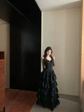 Pretty A Line Spaghetti Straps Black Multi-Layer Satin Long Prom Dress,Formal Dress HZ1024