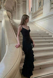 Unique Mermaid Spaghetti Straps Black Satin Long Prom Dress,Formal Dress HZ1024