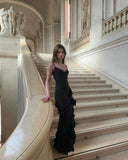 Unique Mermaid Spaghetti Straps Black Satin Long Prom Dress,Formal Dress HZ1024